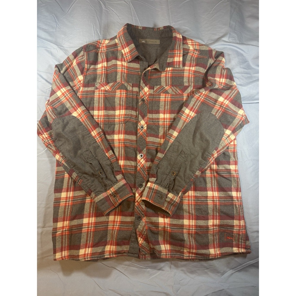 REI Men's Red & Grey Plaid Long Sleeve Flannel Button Up Size XL